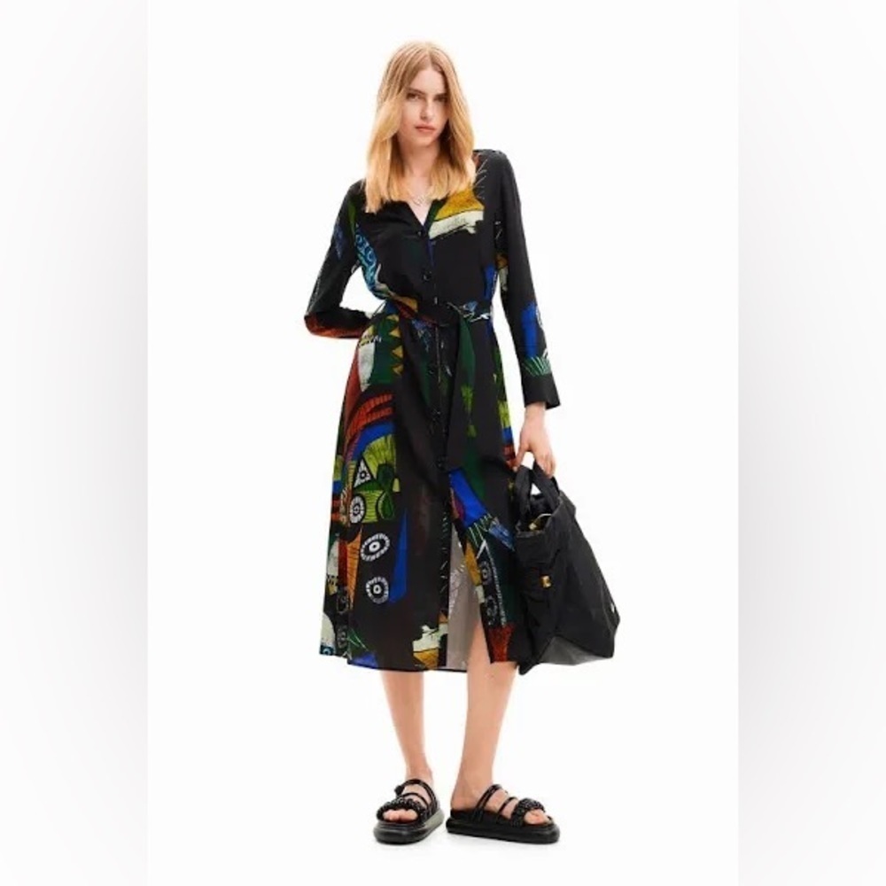 Desigual Women’s Christian Lacroix Midi Button Down Long Sleeve Shirt Dress NWT